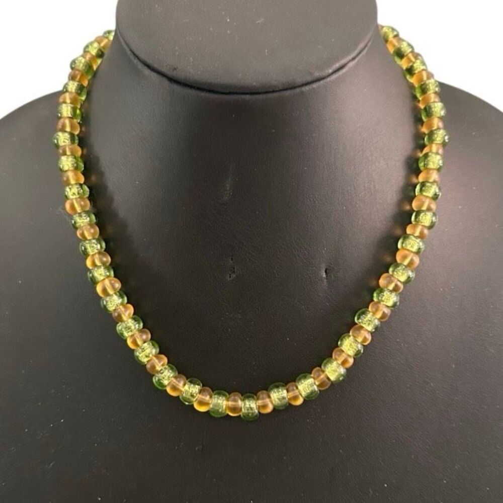 Vintage Beaded Necklace Women's Amber and Green Barrel Glass Beads